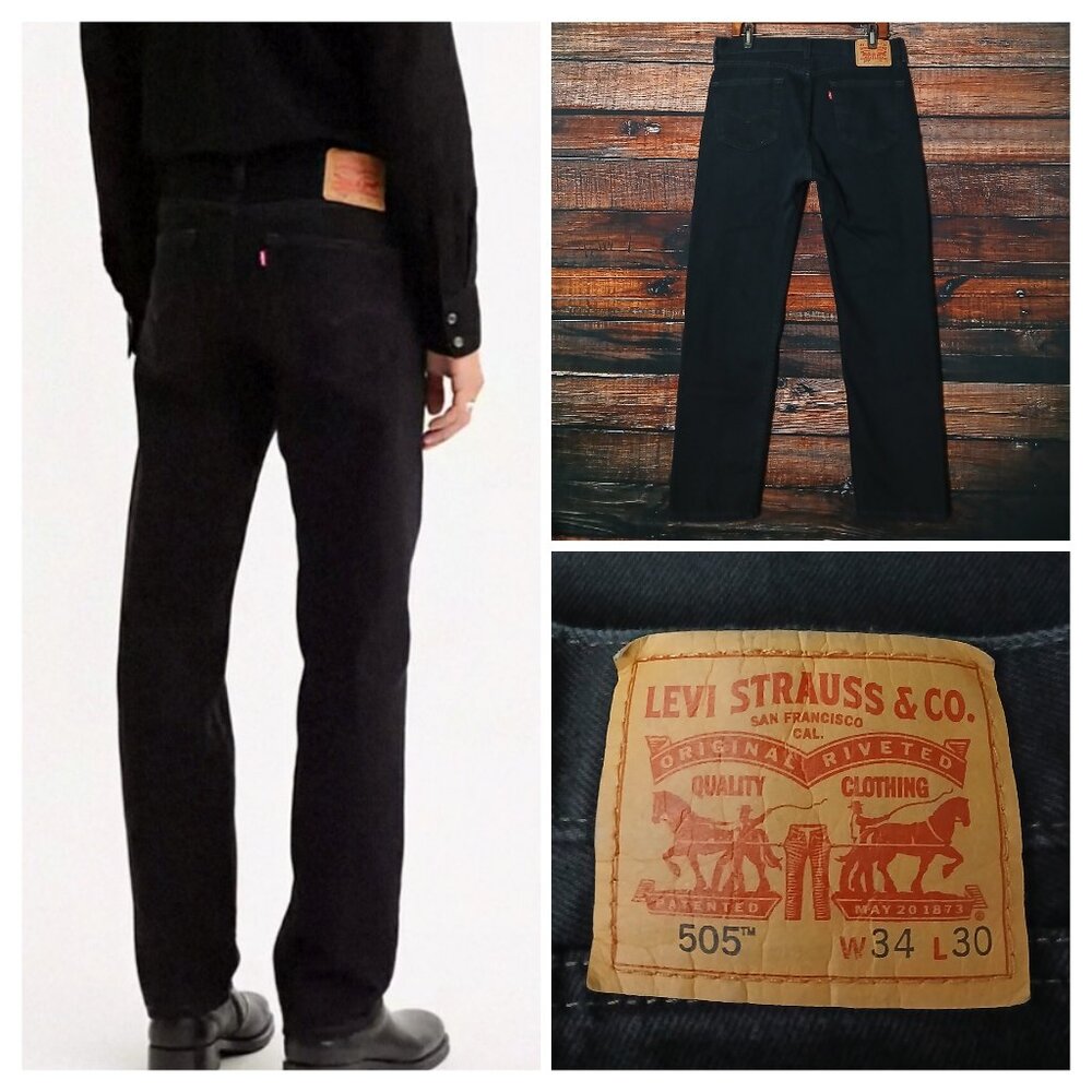 Levis 505 Jeans Mens 34X30 Straight Fit Black Denim 100% Cotton